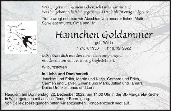 Traueranzeige von Hannchen Goldammer von Dinkelsbühl/ Feuchtwangen