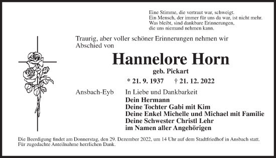 Traueranzeige von Hannelore Horn von Ansbach