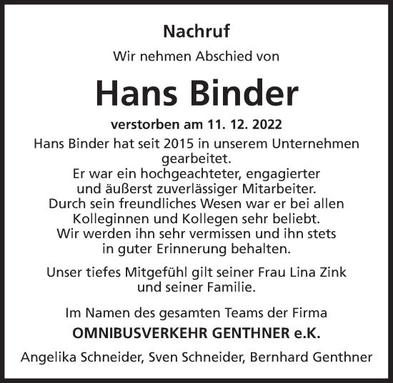 Traueranzeige von Hans Binder von Ansbach