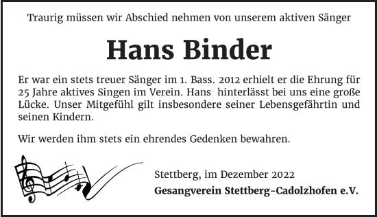 Traueranzeige von Hans Binder von Rothenburg