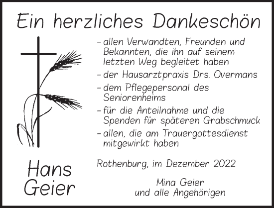 Traueranzeige von Hans Geier von Rothenburg