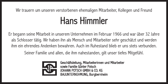 Traueranzeige von Hans Himmler von Neustadt/ Scheinfeld/ Uffenheim