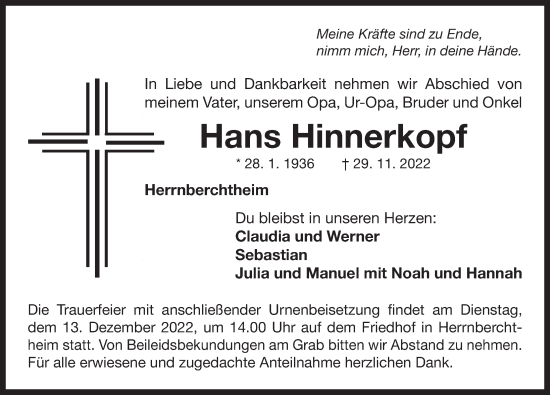 Traueranzeige von Hans Hinnerkopf von Neustadt/ Scheinfeld/ Uffenheim