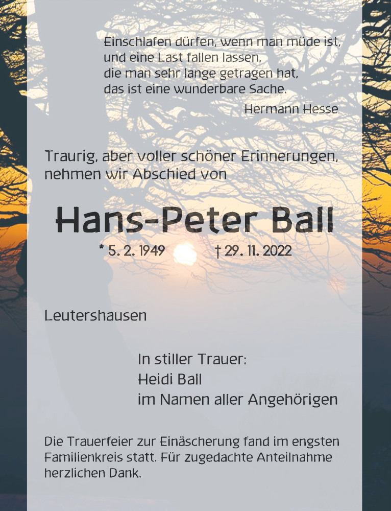  Traueranzeige für Hans-Peter Ball vom 03.12.2022 aus Ansbach