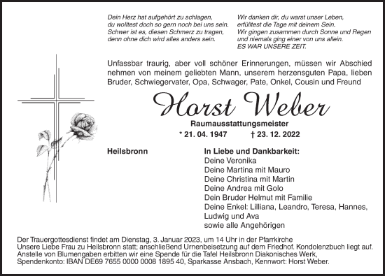 Traueranzeige von Horst Weber von Ansbach