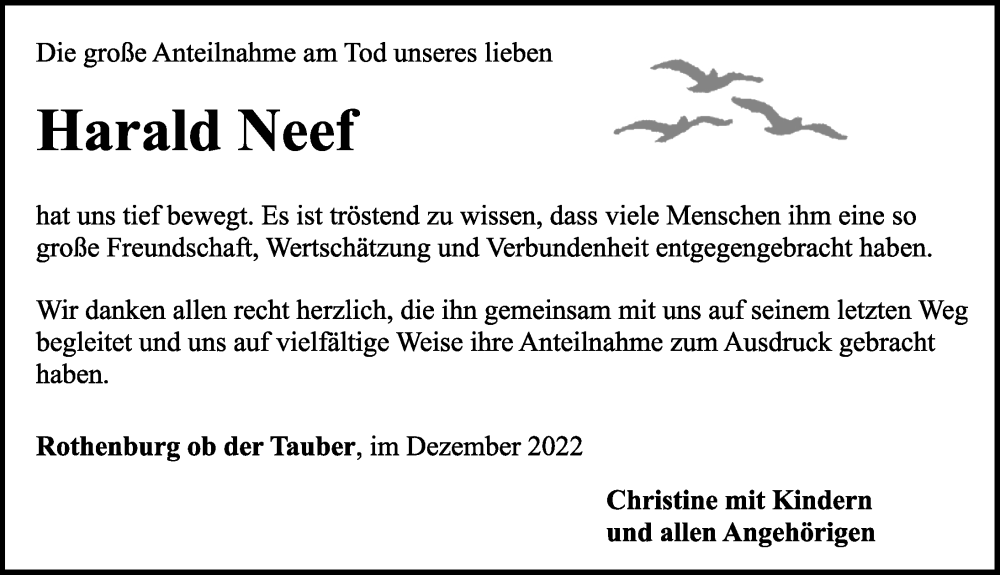  Traueranzeige für Harald Neef vom 10.12.2022 aus Rothenburg