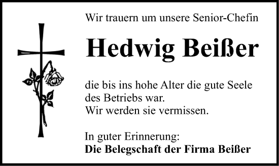 Traueranzeige von Hedwig Beißer von Dinkelsbühl/ Feuchtwangen