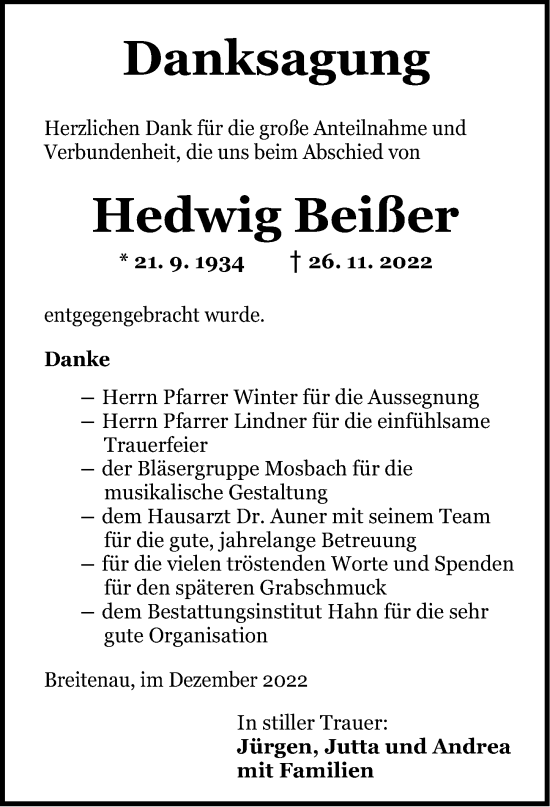 Traueranzeige von Hedwig Beißer von Ansbach