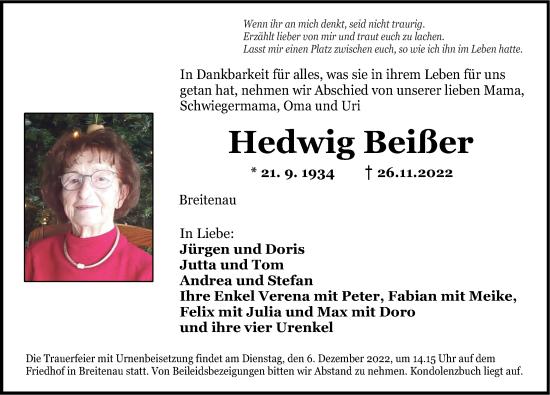 Traueranzeige von Hedwig Beißer von Ansbach