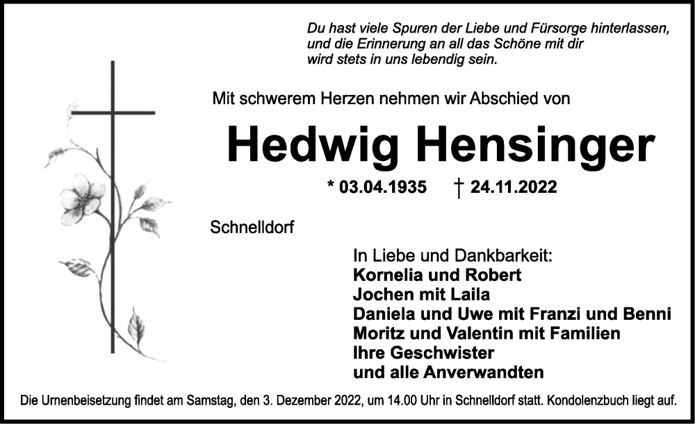  Traueranzeige für Hedwig Hensinger vom 01.12.2022 aus Dinkelsbühl/ Feuchtwangen