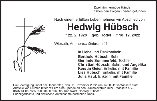 Traueranzeige von Hedwig Hübsch von Dinkelsbühl/ Feuchtwangen