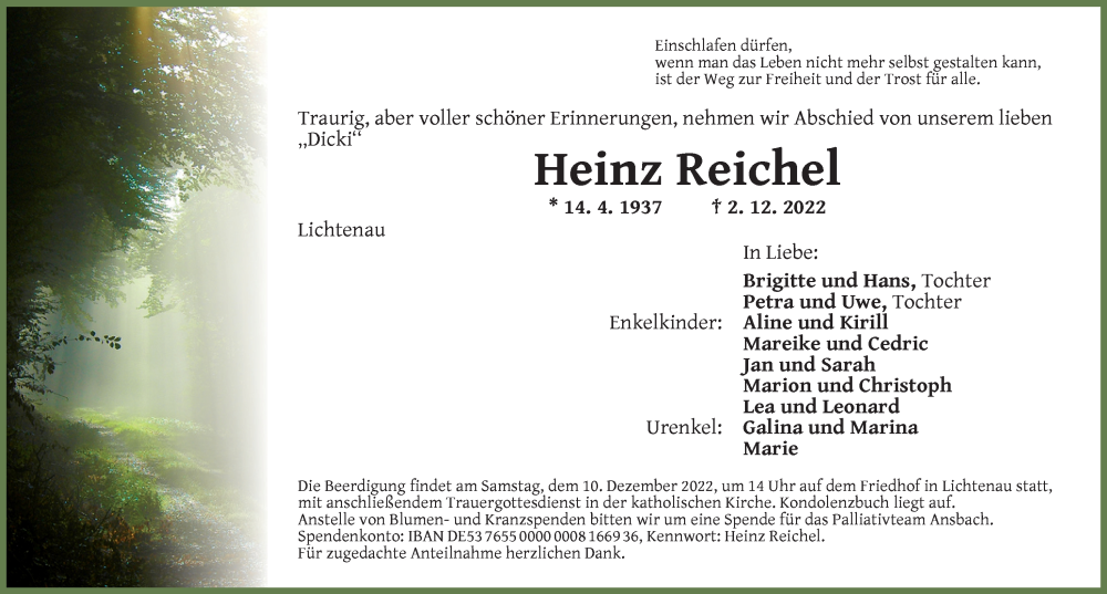 Traueranzeige für Heinz Reichel vom 08.12.2022 aus Ansbach