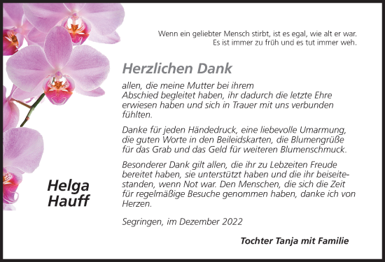 Traueranzeige von Helga Hauff von Dinkelsbühl/ Feuchtwangen