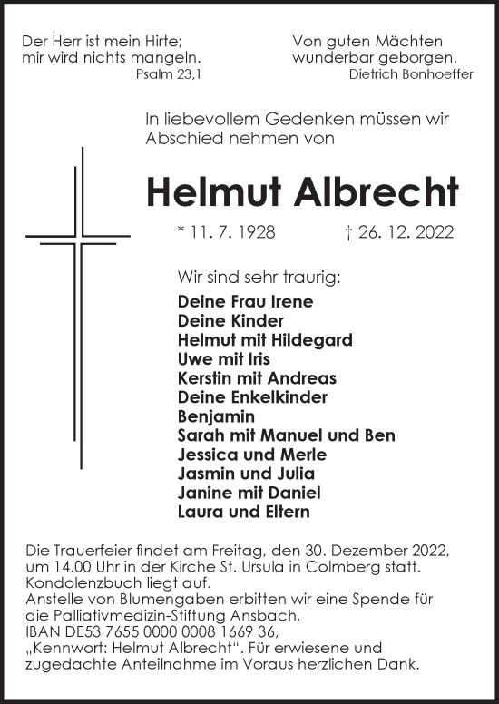 Traueranzeige von Helmut Albrecht von Ansbach