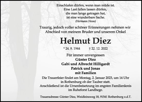 Traueranzeige von Helmut Diez von Rothenburg