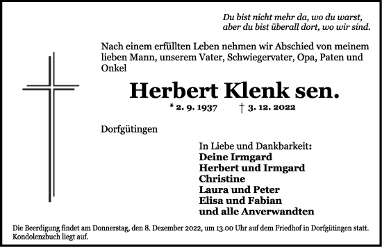 Traueranzeige von Herbert Klenk von Dinkelsbühl/ Feuchtwangen