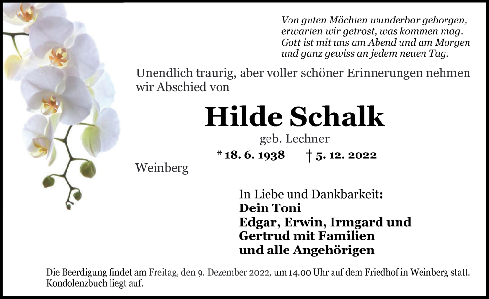  Traueranzeige für Hilde Schalk vom 07.12.2022 aus GE