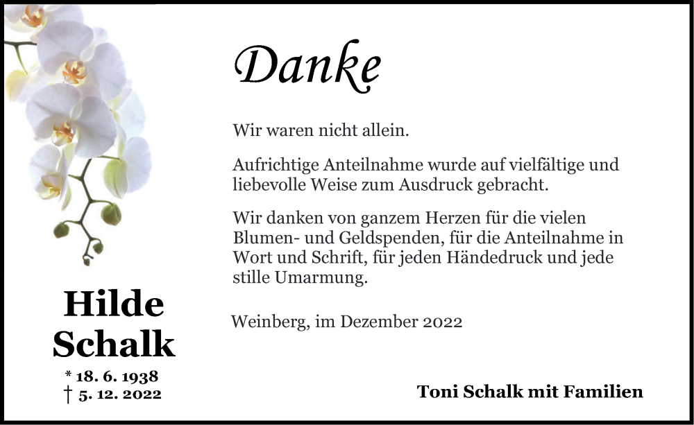  Traueranzeige für Hilde Schalk vom 23.12.2022 aus GE