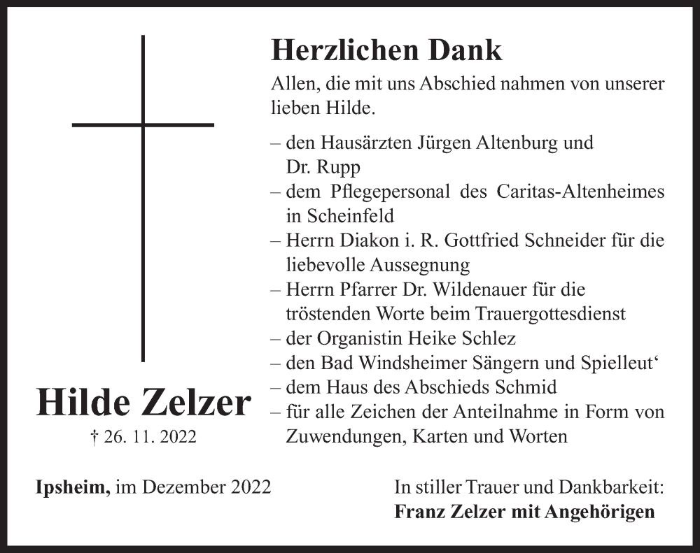  Traueranzeige für Hilde Zelzer vom 17.12.2022 aus Neustadt/ Scheinfeld/ Uffenheim