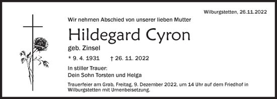 Traueranzeige von Hildegard Cyron von Dinkelsbühl/ Feuchtwangen