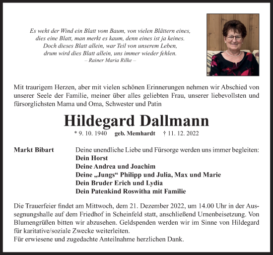 Traueranzeige von Hildegard Dallmann von Neustadt/ Scheinfeld/ Uffenheim