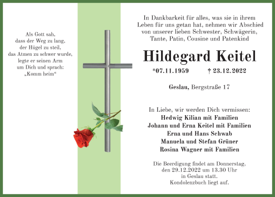 Traueranzeige von Hildegard Keitel von Rothenburg