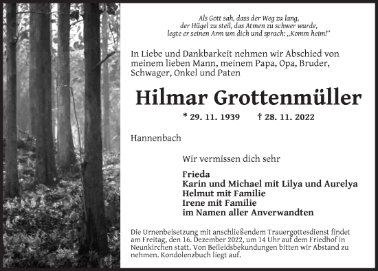 Traueranzeige von Hilmar Grottenmüller von Ansbach