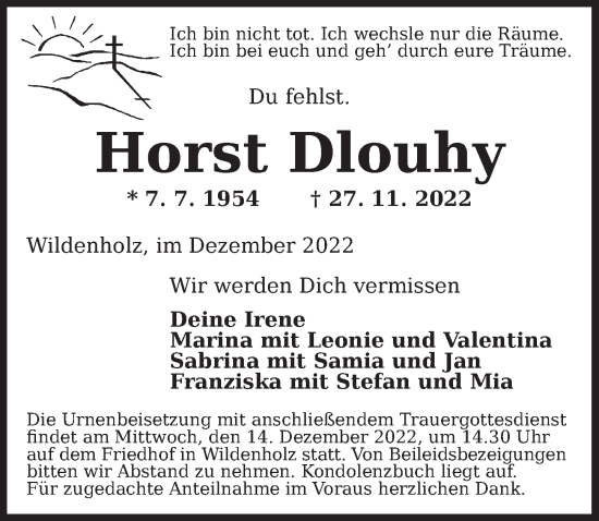 Traueranzeige von Horst Dlouhy von Dinkelsbühl/ Feuchtwangen