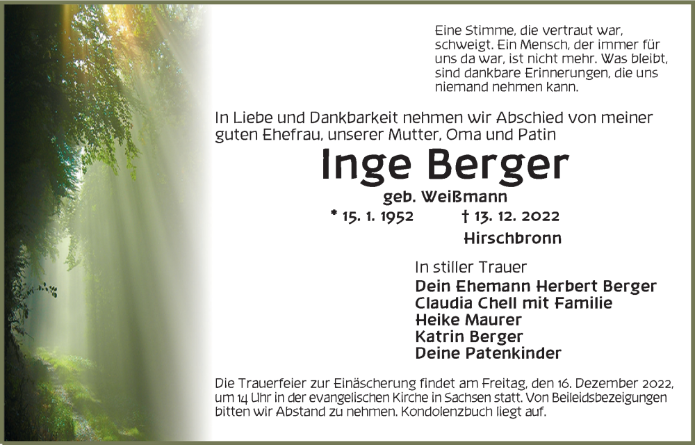  Traueranzeige für Inge Berger vom 15.12.2022 aus Ansbach