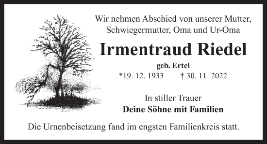 Traueranzeige von Irmentraud Riedel von Neustadt/ Scheinfeld/ Uffenheim