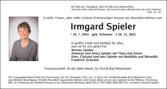 Traueranzeige von Irmgard Spieler von Neustadt/ Scheinfeld/ Uffenheim