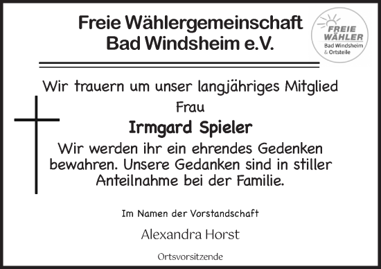 Traueranzeige von Irmgard Spieler von Neustadt/ Scheinfeld/ Uffenheim