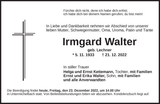 Traueranzeige von Irmgard Walter von Dinkelsbühl/ Feuchtwangen