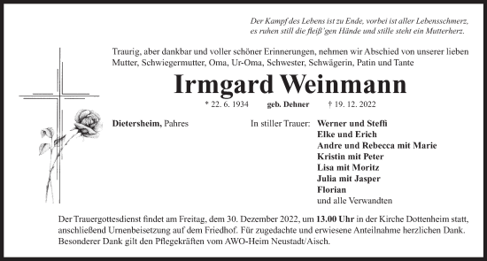 Traueranzeige von Irmgard Weinmann von Neustadt/ Scheinfeld/ Uffenheim