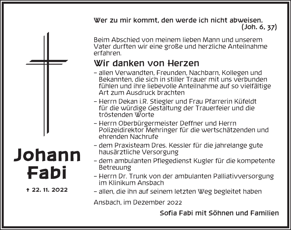  Traueranzeige für Johann Fabi vom 17.12.2022 aus Ansbach