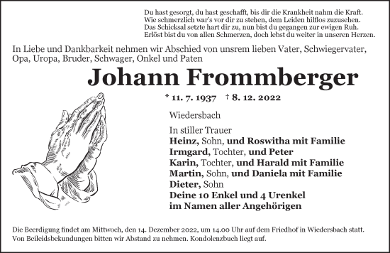 Traueranzeige von Johann Frommberger von Ansbach