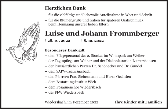 Traueranzeige von Johann Frommberger von GE