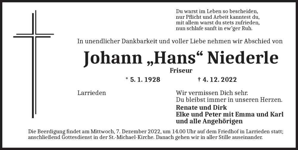  Traueranzeige für Johann Niederle vom 06.12.2022 aus Dinkelsbühl/ Feuchtwangen