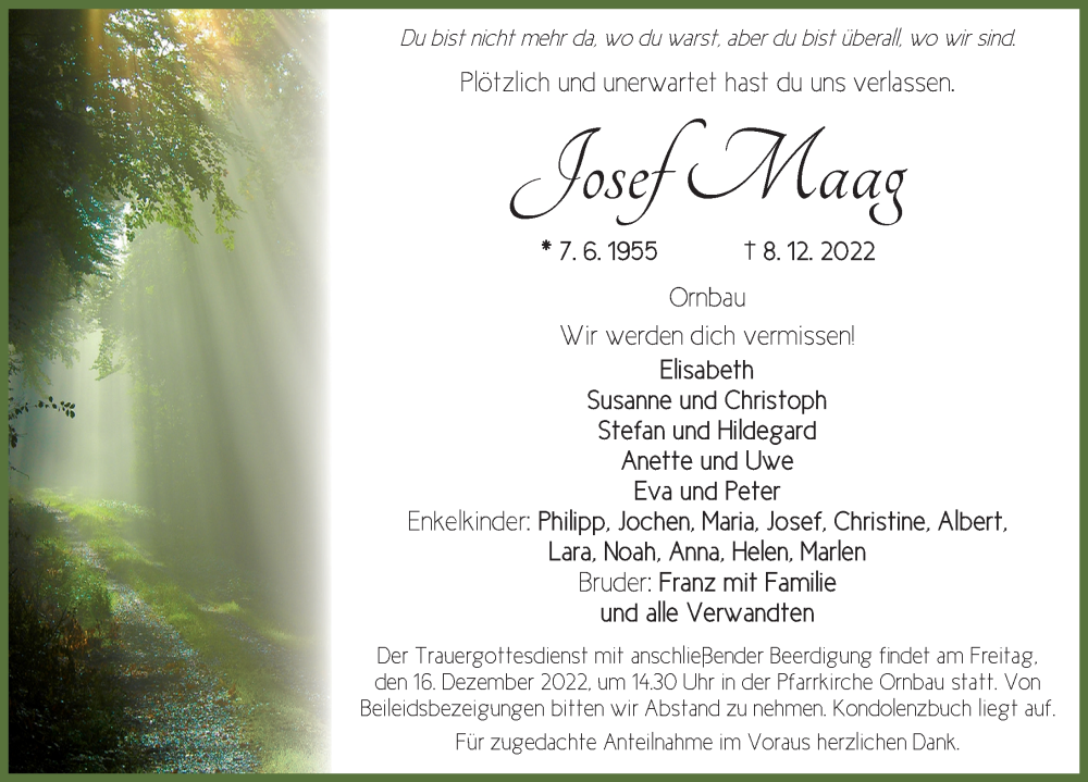  Traueranzeige für Josef Maag vom 13.12.2022 aus Ansbach