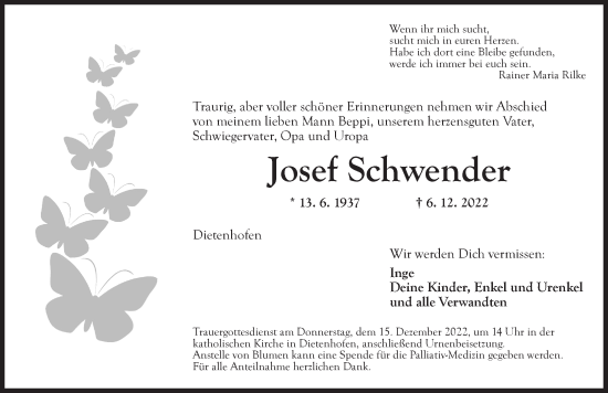 Traueranzeige von Josef Schwender von Ansbach