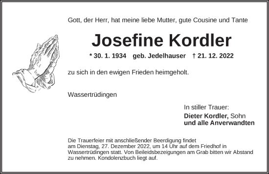 Traueranzeige von Josefine Kordler von Dinkelsbühl/ Feuchtwangen