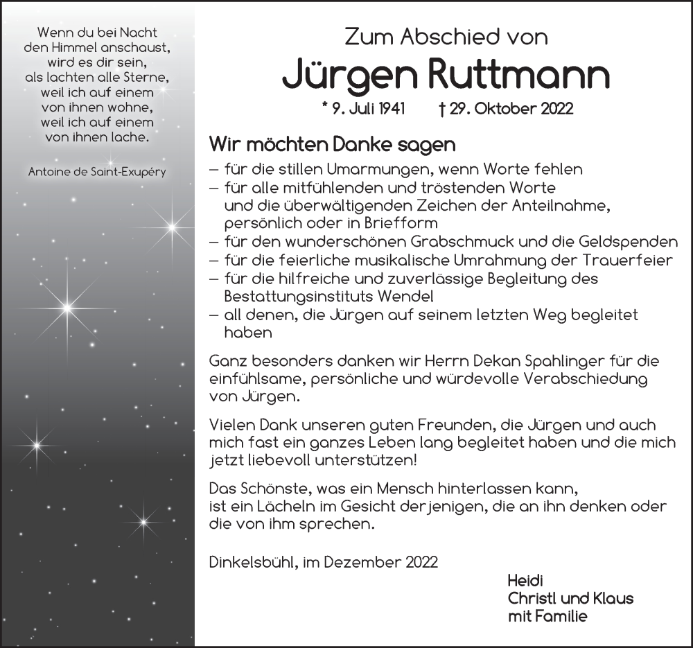  Traueranzeige für Jürgen Ruttmann vom 03.12.2022 aus Dinkelsbühl/ Feuchtwangen