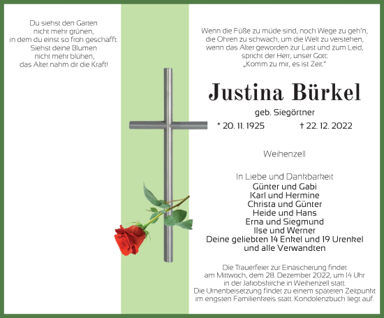 Traueranzeige von Justina Bürkel von Ansbach