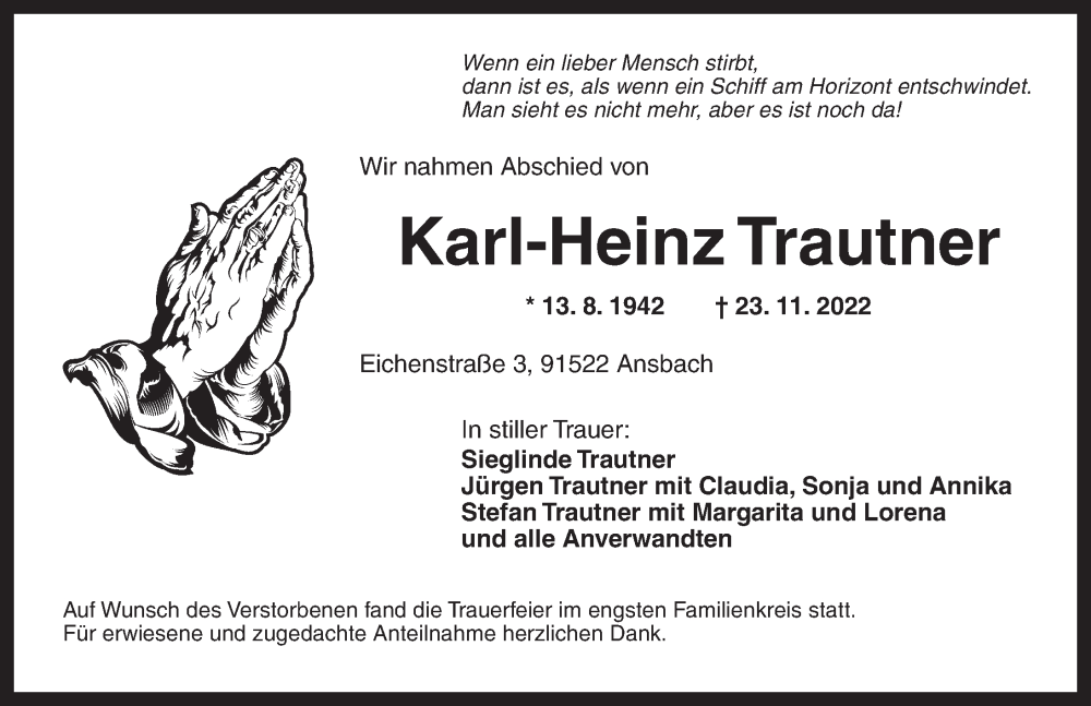  Traueranzeige für Karl-Heinz Trautner vom 03.12.2022 aus Ansbach