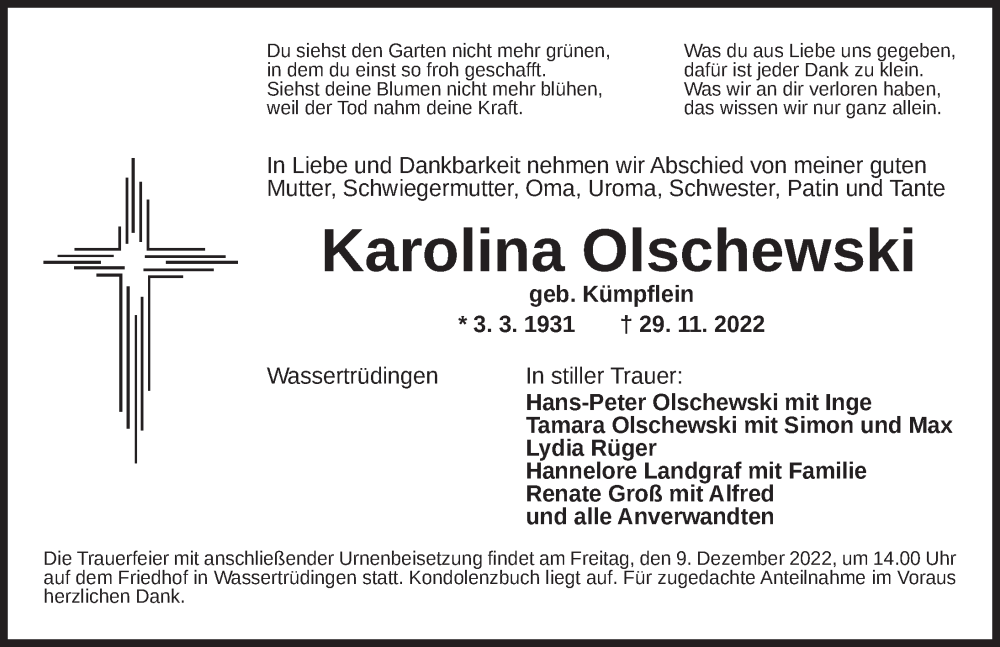 Traueranzeige für Karolina Olschewski vom 07.12.2022 aus Dinkelsbühl/ Feuchtwangen