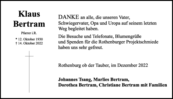 Traueranzeige von Klaus Bertram von Rothenburg