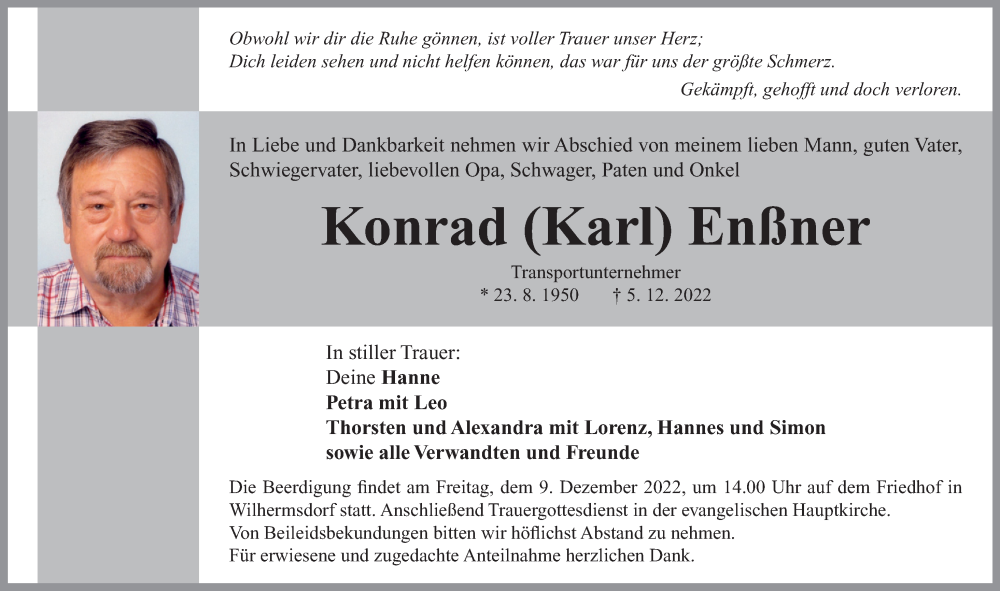  Traueranzeige für Konrad Karl Enßner vom 08.12.2022 aus Neustadt/ Scheinfeld/ Uffenheim