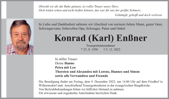 Traueranzeige von Konrad Karl Enßner von Neustadt/ Scheinfeld/ Uffenheim