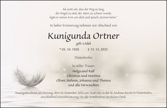 Traueranzeige von Kunigunda Ortner von Ansbach