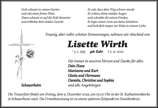 Traueranzeige von Lisette Wirth von Neustadt/ Scheinfeld/ Uffenheim